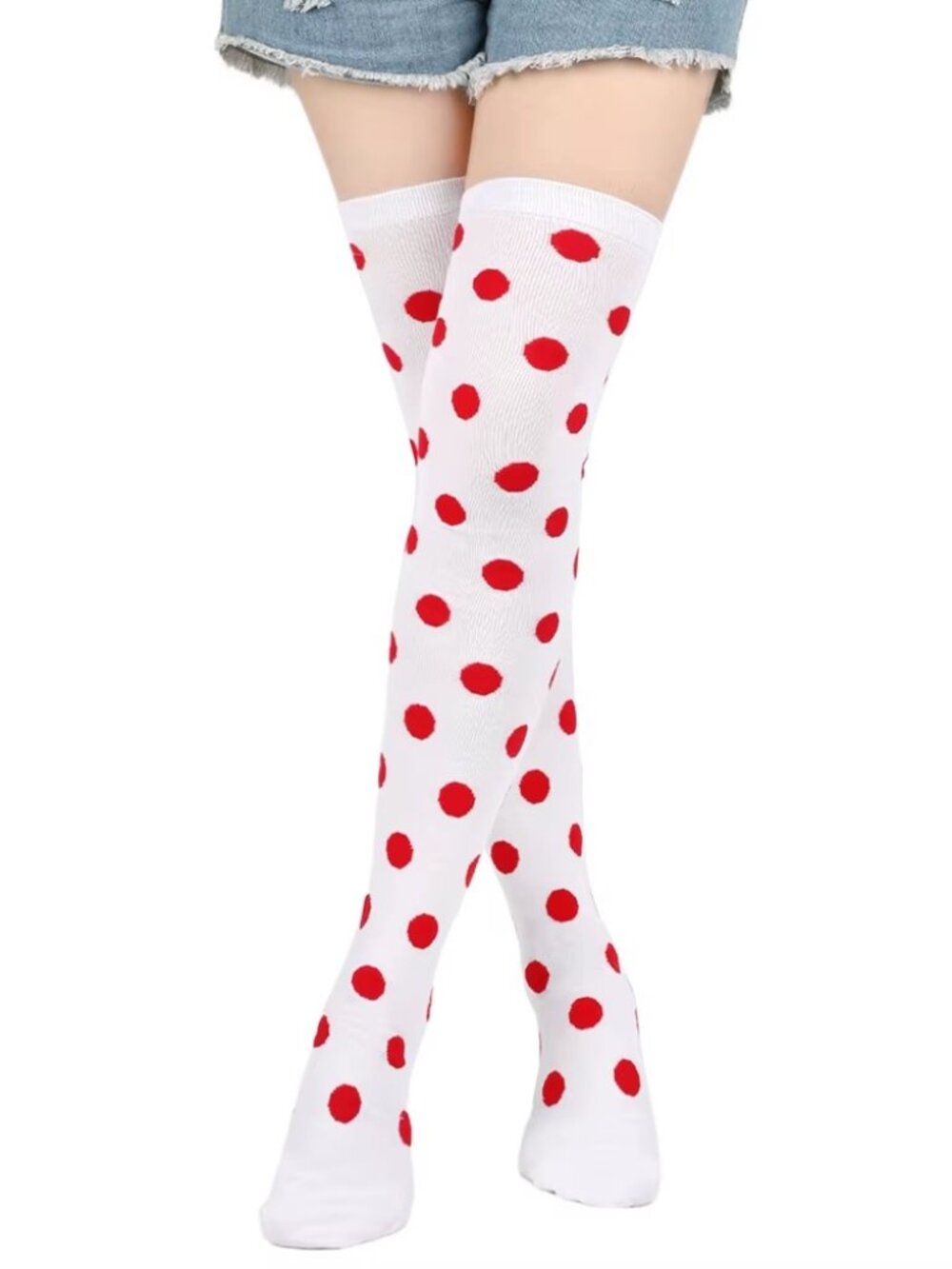 Women's Polka Dot Pattern White with Red Dots Over Knee Thigh High Socks